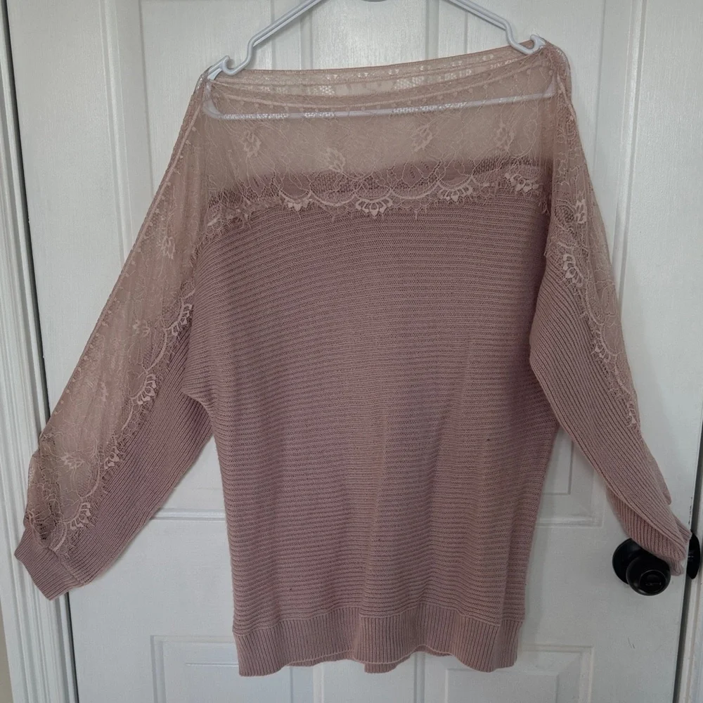 Elegant Lace Trim Pink Sweater